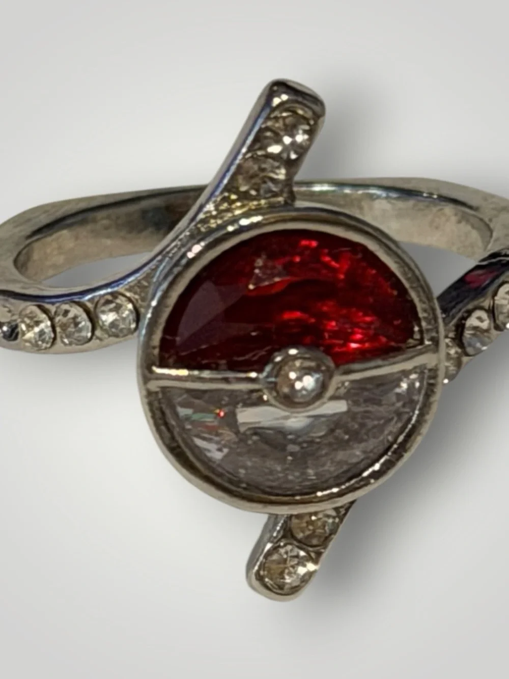 Poké Ball Inspired Rhinestone Statement Ring Silver Tone Red Size 6